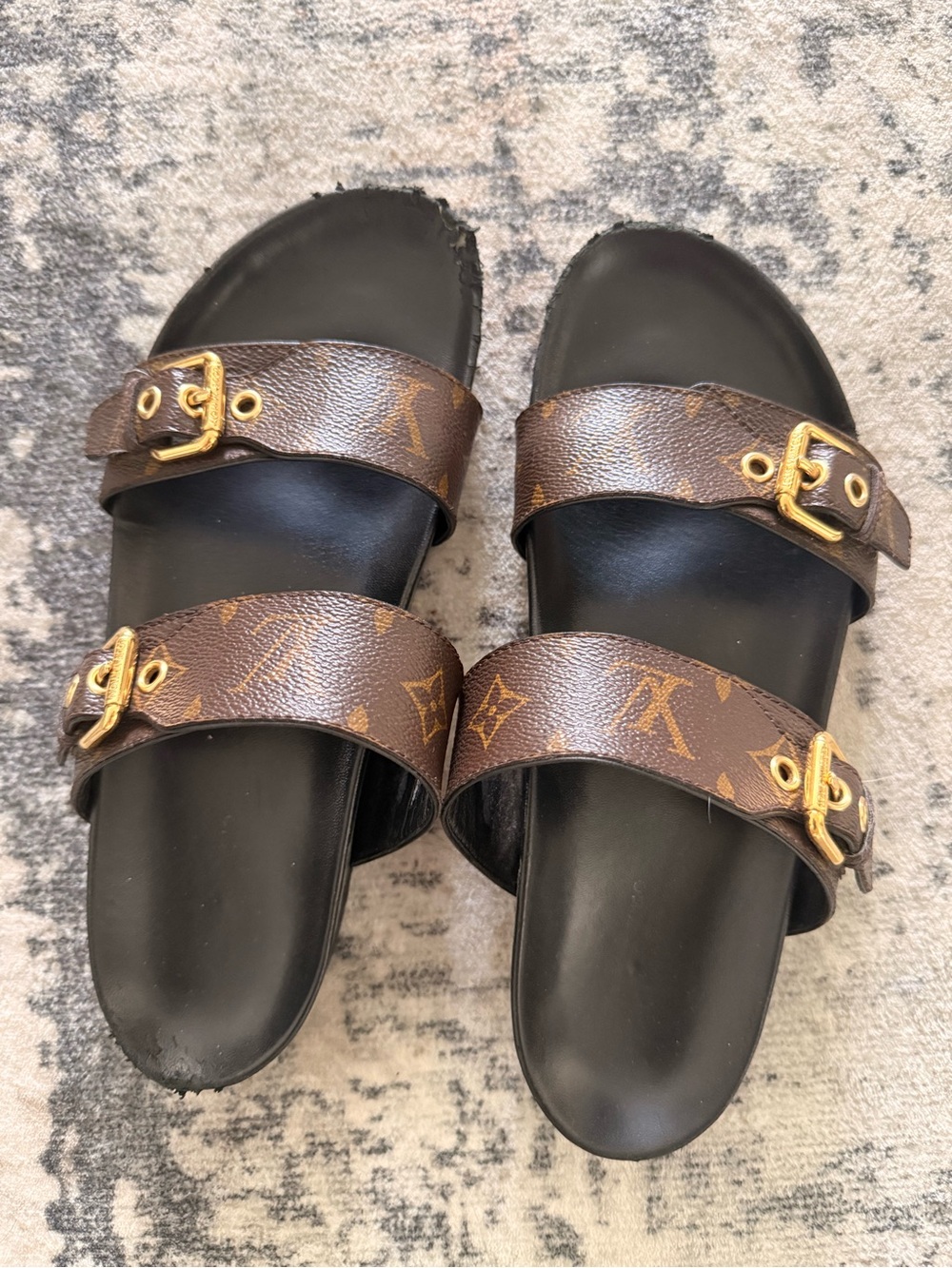 Louis Vuitton Bom Dia Brown Monogram Double-Strap Slide Sandals with Gold Buckle